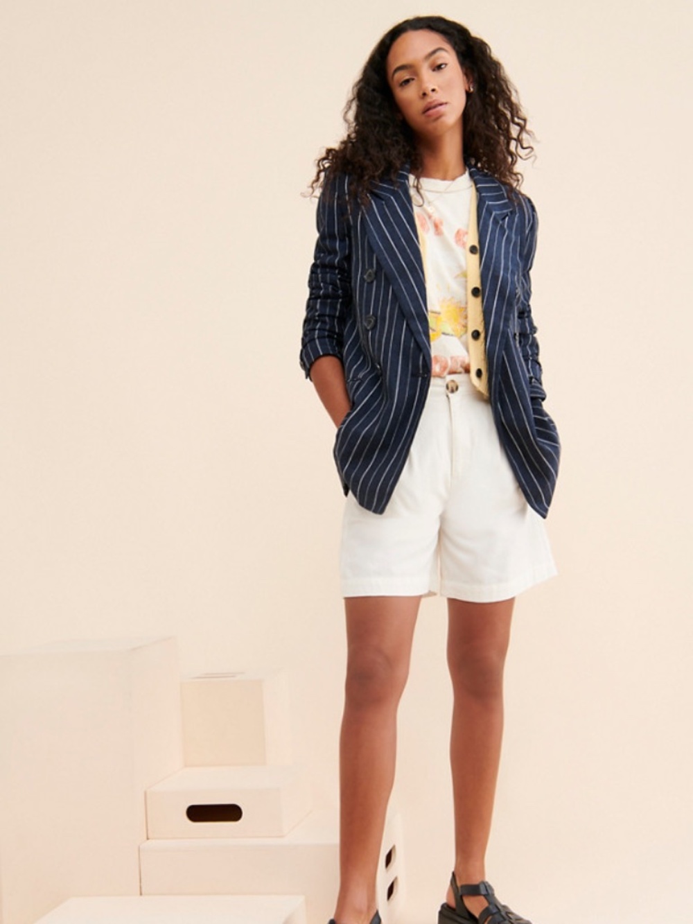 FREE PEOPLE Navy and White Pinstripe Ashby Blazer - Picture 3 of 10